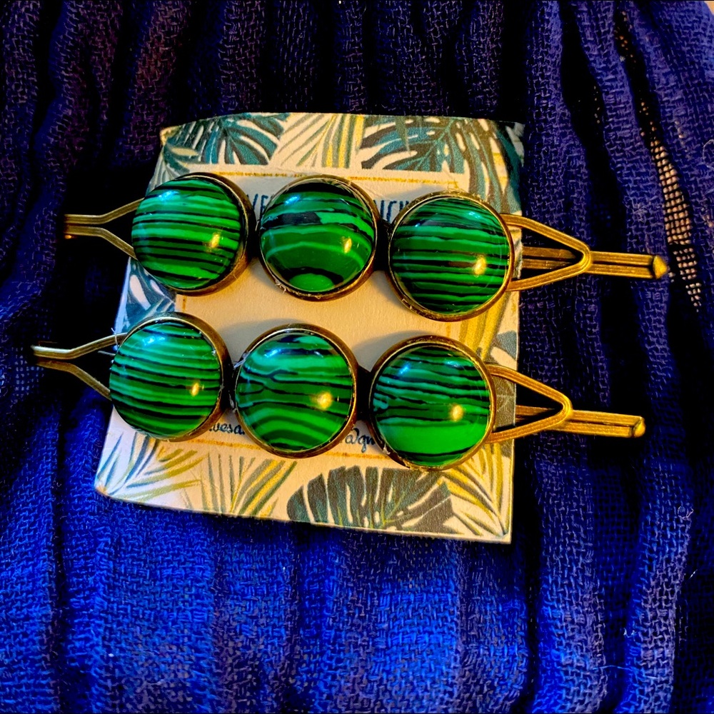 Handmade Malachite Antique Bronze Barrettes